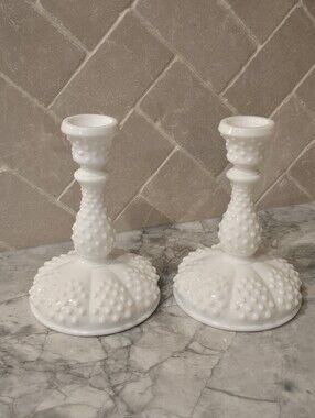 Vintage Fenton Art Glass White Milkglass Hobnail Candlestick Pair Candle Holders